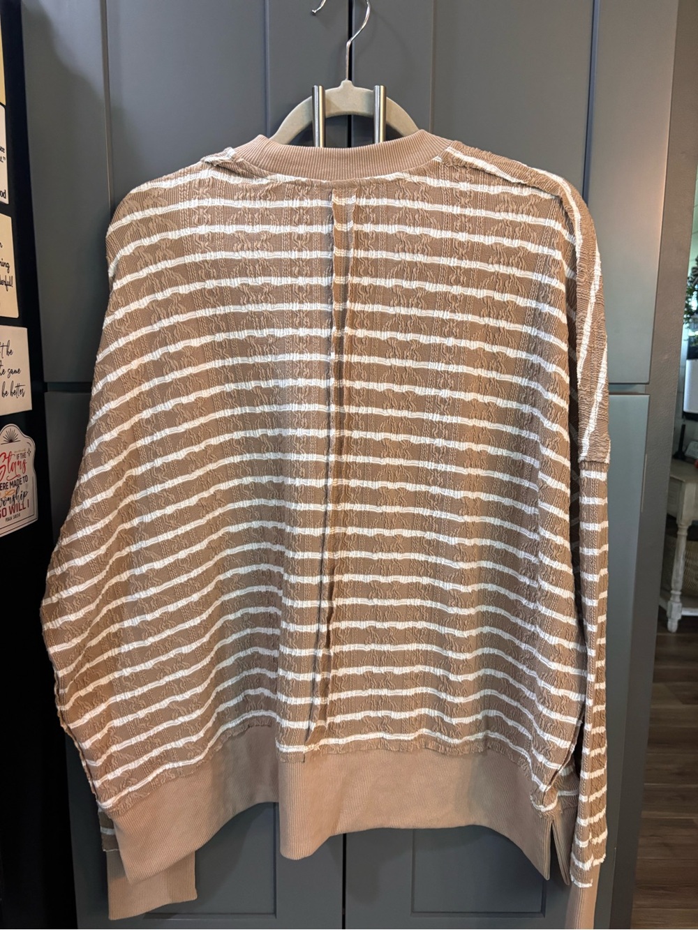 Striped Crewneck Pullover Sweater in Taupe & White - Picture 4 of 5